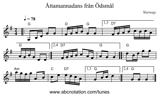 Åttamannadans från Ödsmål - staff notation