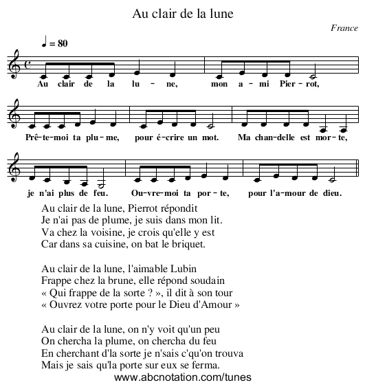 Au clair de la lune - staff notation