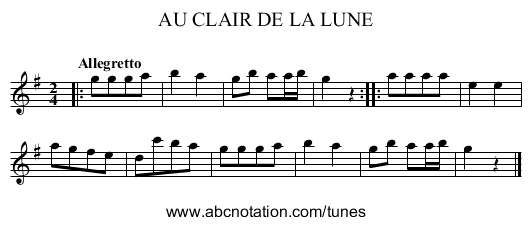 AU CLAIR DE LA LUNE - staff notation