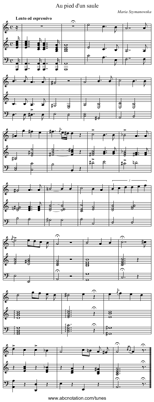 Au pied d'un saule - staff notation