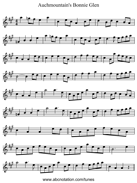 Auchmountain's Bonnie Glen - staff notation