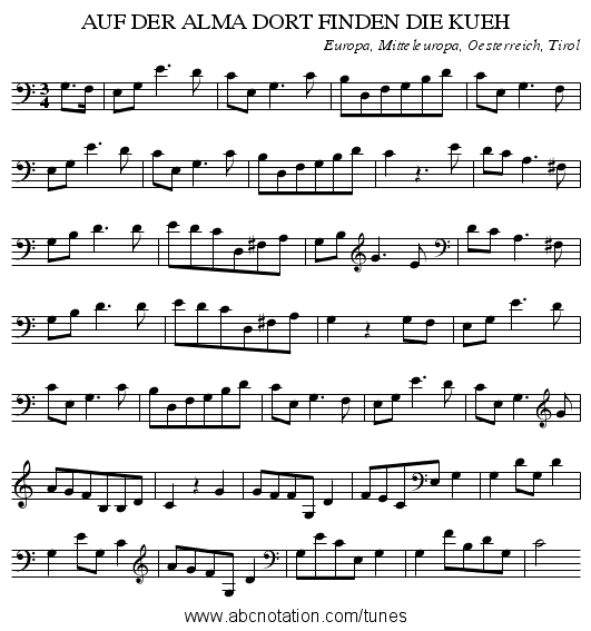 AUF DER ALMA DORT FINDEN DIE KUEH - staff notation