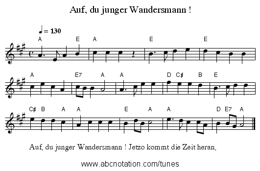 Auf, du junger Wandersmann ! - staff notation