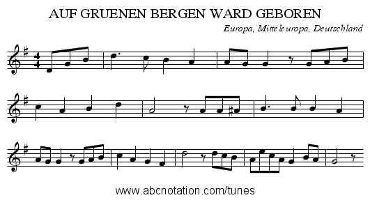 AUF GRUENEN BERGEN WARD GEBOREN - staff notation