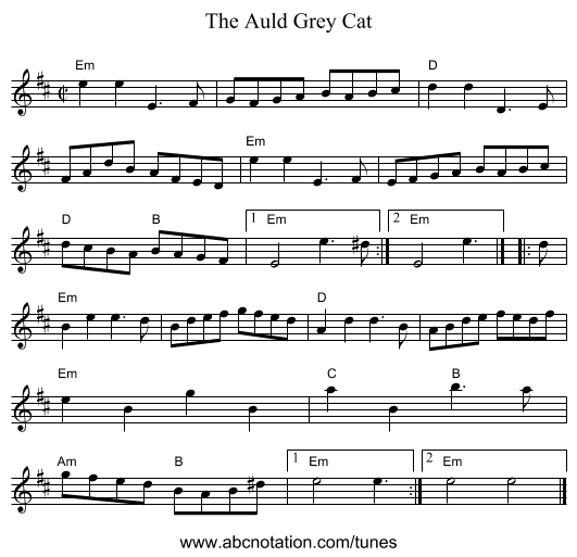 Auld Grey Cat, The - staff notation