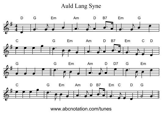 Auld Lang Syne - staff notation