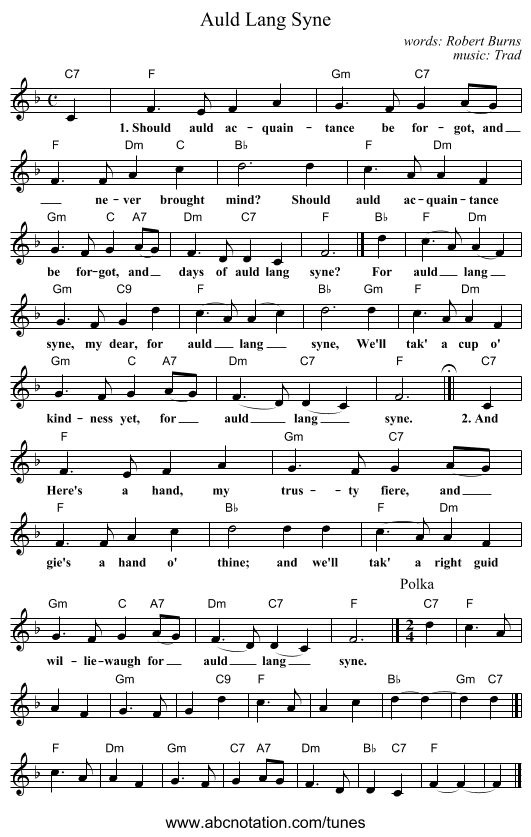 Auld Lang Syne - staff notation