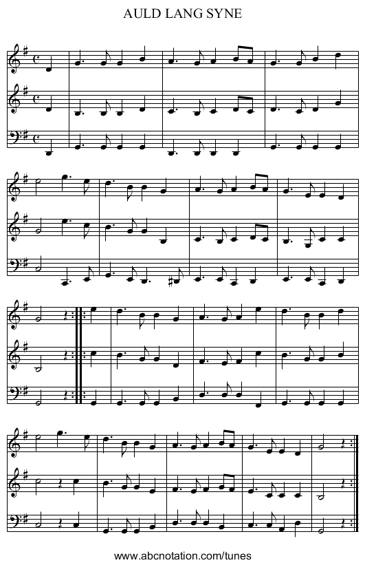 AULD LANG SYNE - staff notation