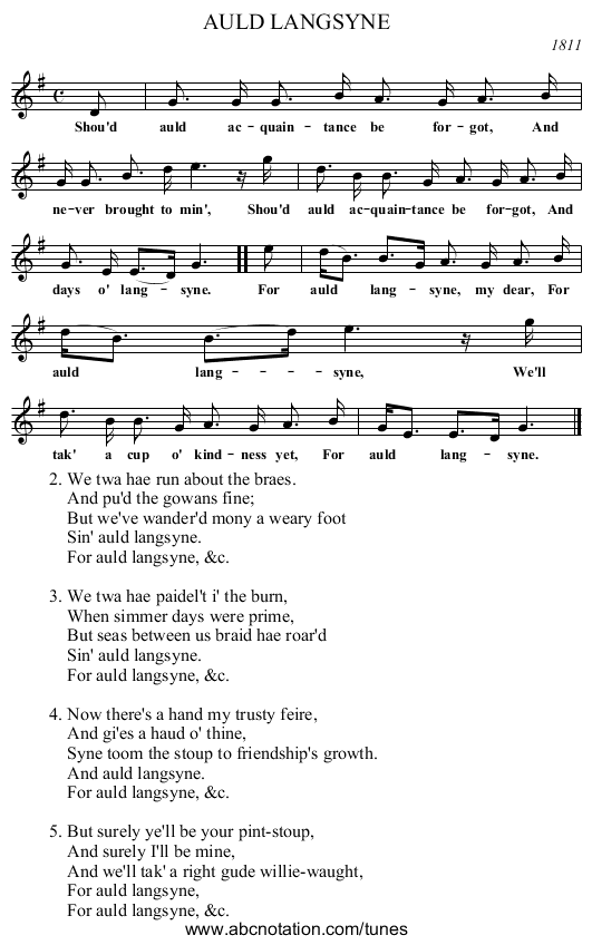 AULD LANGSYNE - staff notation