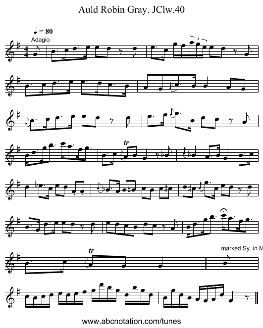 Auld Robin Gray. JClw.40 - staff notation