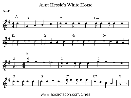 Aunt Hessie's White Horse - staff notation