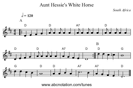 Aunt Hessie's White Horse - staff notation