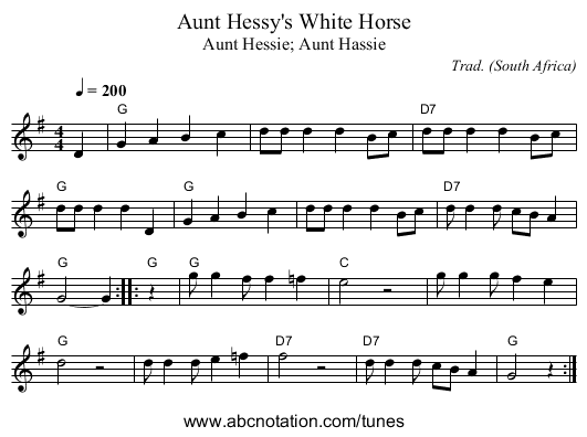 Aunt Hessy's White Horse - staff notation