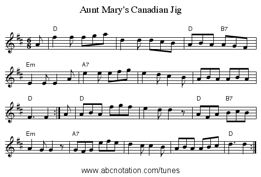 Aunt Mary's Canadian Jig - staff notation