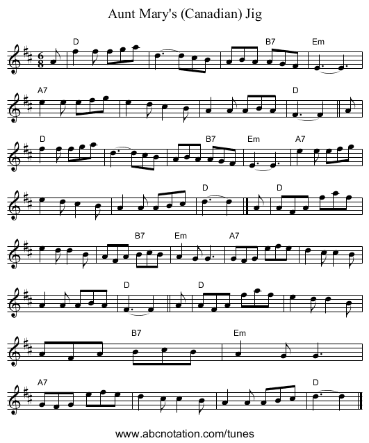 Aunt Mary's (Canadian) Jig - staff notation