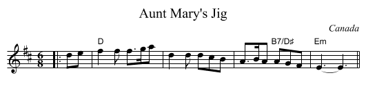 Aunt Mary's Jig - staff notation
