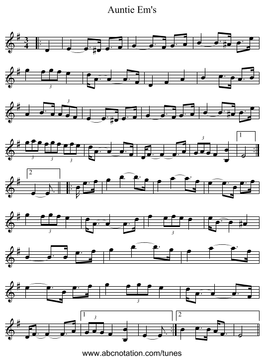Auntie Em's - staff notation