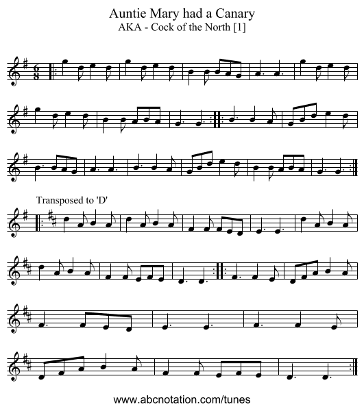 Auntie Mary had a Canary - staff notation