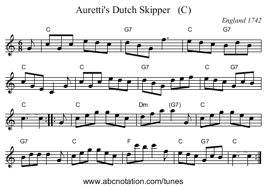 Auretti's Dutch Skipper (C) - staff notation