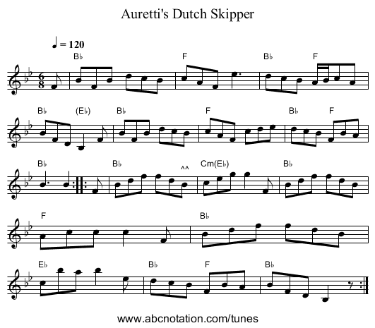 Auretti's Dutch Skipper - staff notation