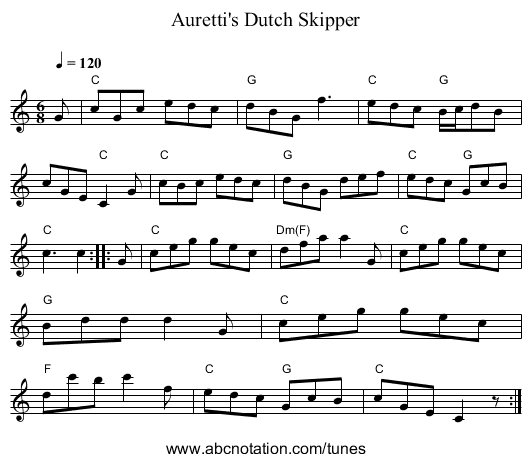 Auretti's Dutch Skipper - staff notation