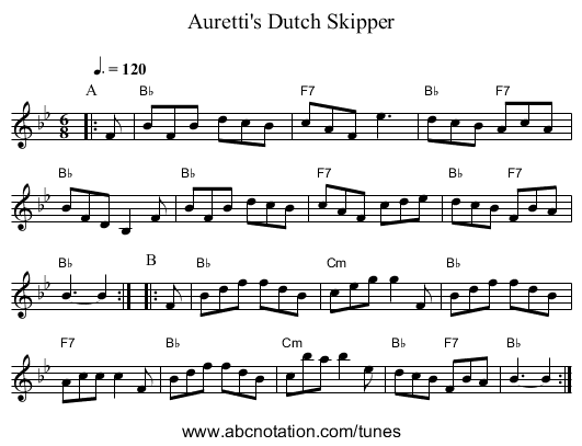 Auretti's Dutch Skipper - staff notation