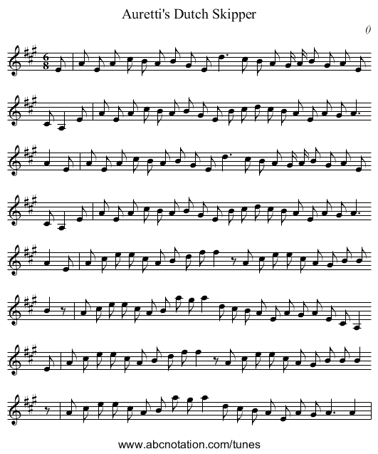 Auretti's Dutch Skipper - staff notation