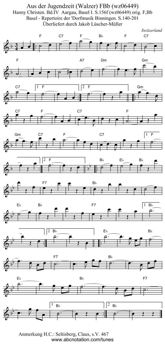 Aus der Jugendzeit (Walzer) FBb (wz06449) - staff notation