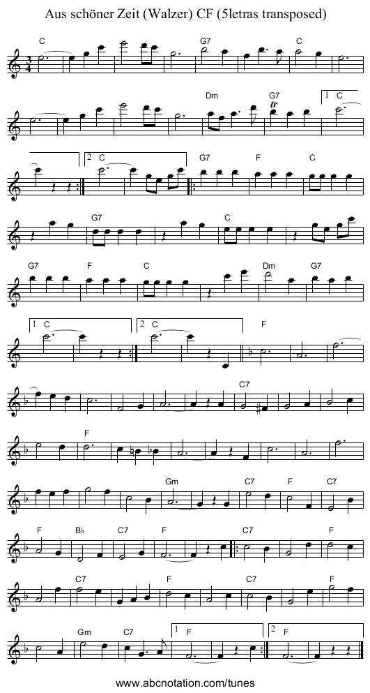 Aus sch&ouml;ner Zeit (Walzer) CF (5letras transposed) - staff notation