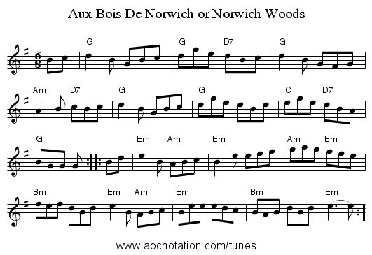 Aux Bois De Norwich or Norwich Woods - staff notation