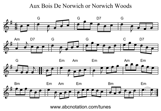 Aux Bois De Norwich or Norwich Woods - staff notation