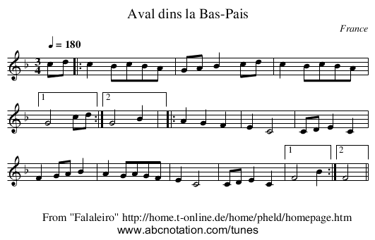 Aval dins la Bas-Pais - staff notation