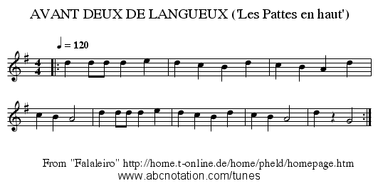 AVANT DEUX DE LANGUEUX ('Les Pattes en haut') - staff notation