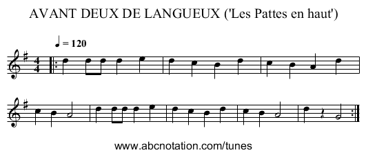 AVANT DEUX DE LANGUEUX ('Les Pattes en haut') - staff notation