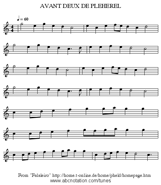 AVANT DEUX DE PLEHEREL - staff notation