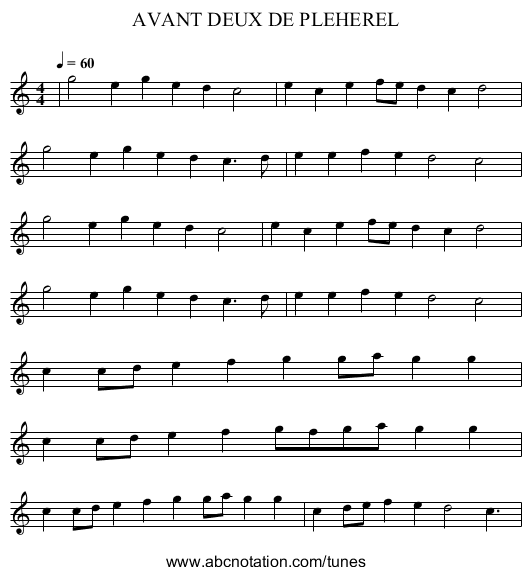 AVANT DEUX DE PLEHEREL - staff notation