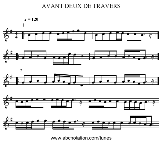 AVANT DEUX DE TRAVERS - staff notation