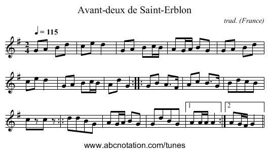 Avant-deux de Saint-Erblon - staff notation