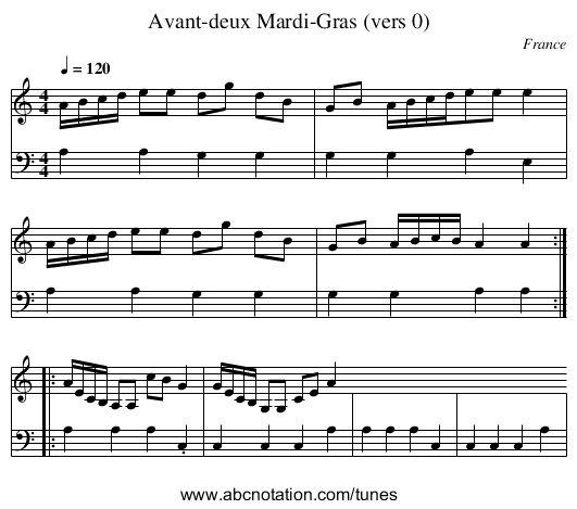 Avant-deux Mardi-Gras (vers 0) - staff notation
