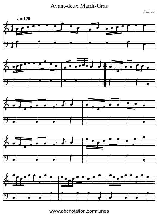 Avant-deux Mardi-Gras - staff notation