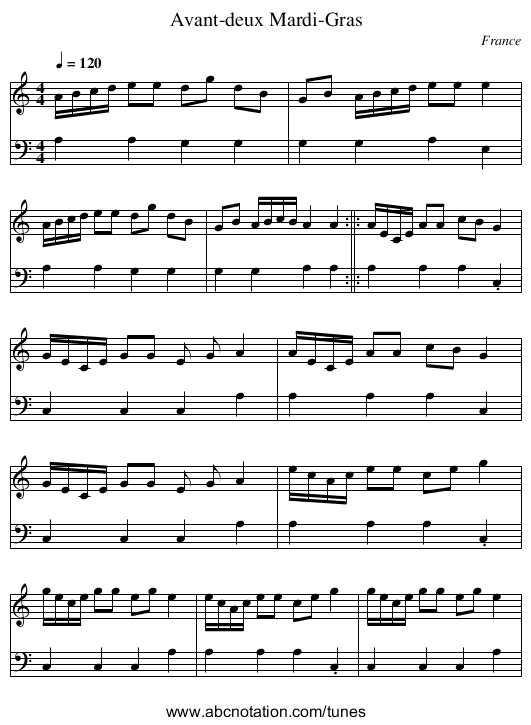 Avant-deux Mardi-Gras - staff notation