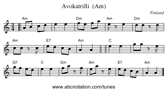 Avokatrilli  (Am) - staff notation