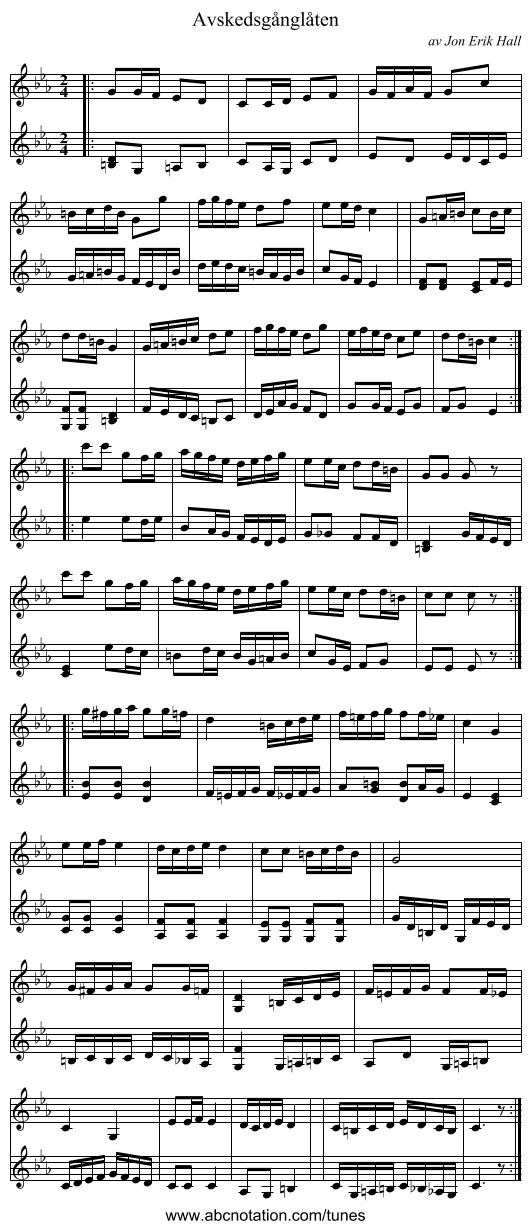 Avskedsgånglåten - staff notation