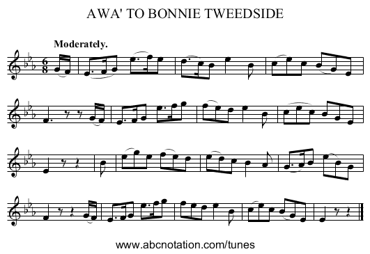 AWA' TO BONNIE TWEEDSIDE - staff notation