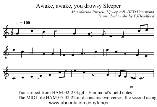 Awake, awake, you drowsy Sleeper - staff notation