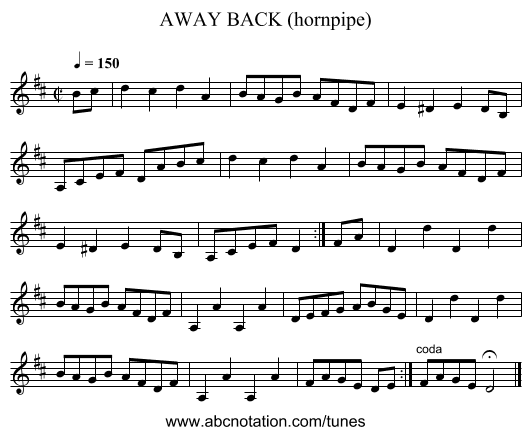 AWAY BACK (hornpipe) - staff notation