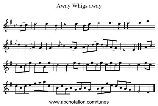 Away Whigs away - staff notation