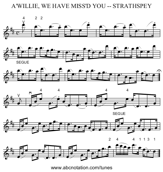 A'WILLIE, WE HAVE MISS'D YOU -- STRATHSPEY - staff notation