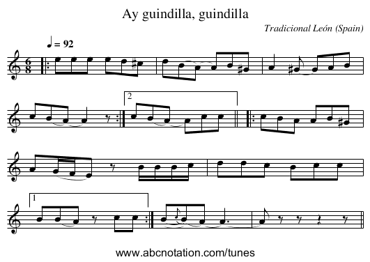 Ay guindilla, guindilla - staff notation