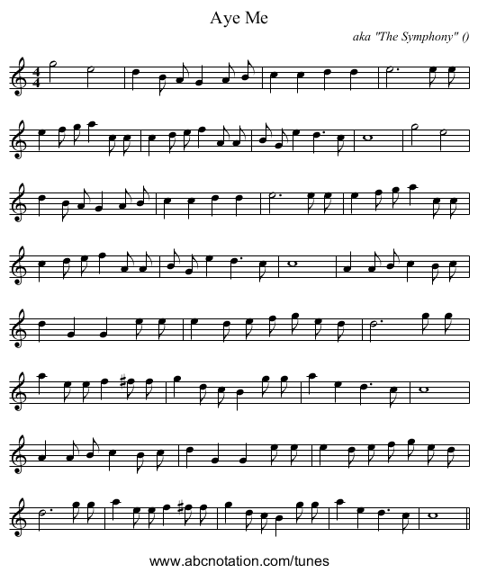 Aye Me - staff notation